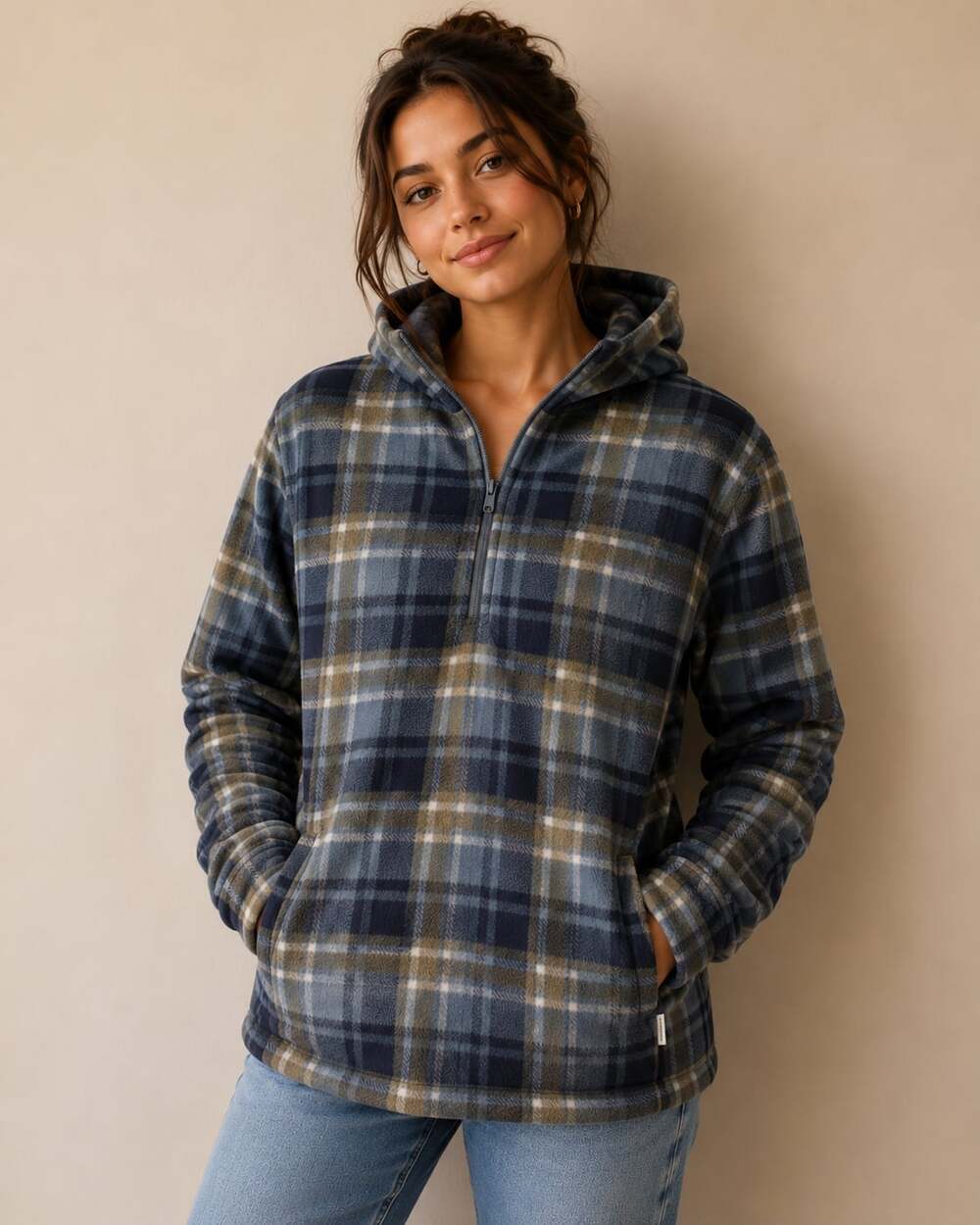O'Neill Women's Midweight Half Zip Plaid Polar Fleece Hoodie